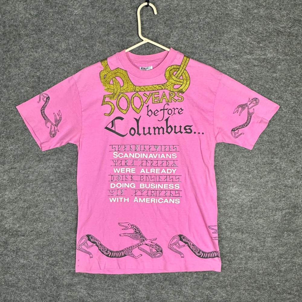 RARE Vintage AOP 500 Years Before Columbus Norse Vikings Graphic T Shirt‎ Mens M